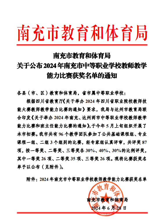 喜报｜南充师范学校在2024年南充市中等职业学校教师教学能力比赛中荣获9项一等奖